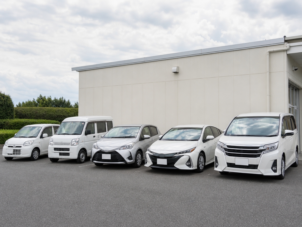 代車として使われる軽自動車・軽バン・普通車などが並んだ駐車スペース