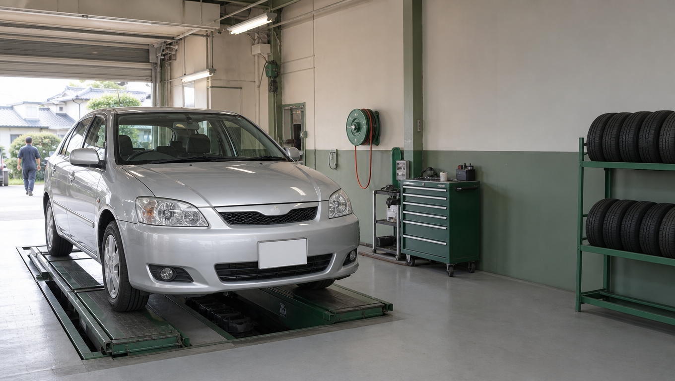 工場のピットに入った車。整備の準備が整った作業スペース