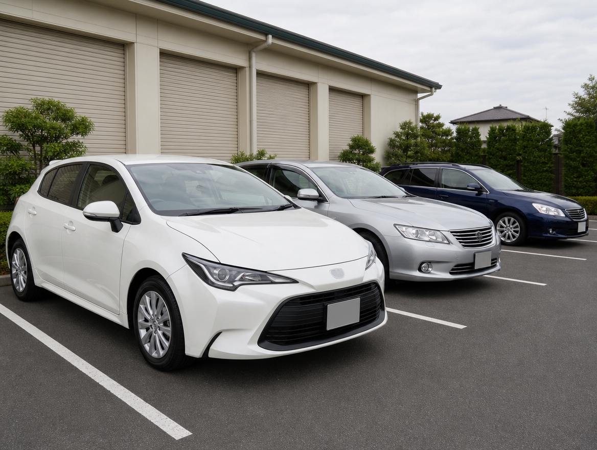 洗車された乗用車が並ぶ屋外の展示スペース