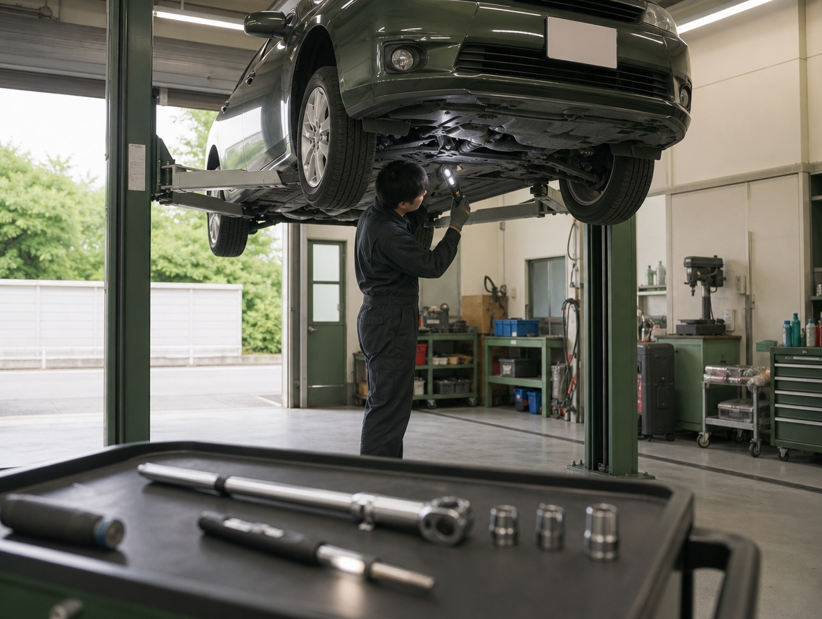 リフトで持ち上げた車の下回りを点検している様子