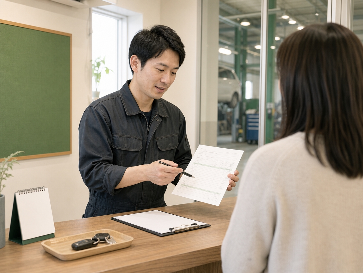 受付カウンターで、スタッフが書類を示しながら説明している様子